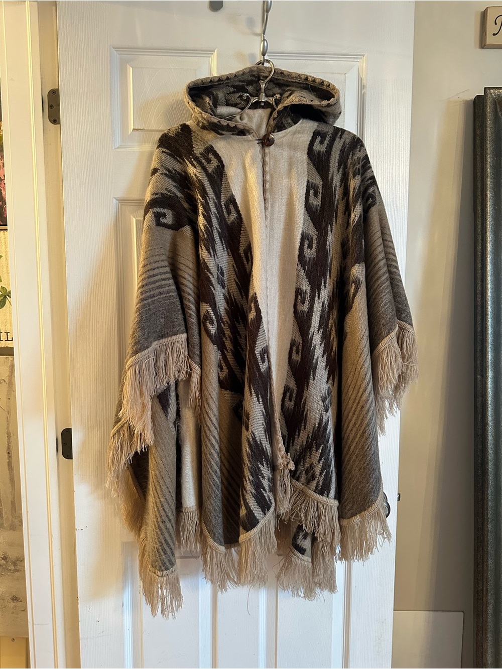 Alpaca Wool Fringe Hooded Poncho - Neutral Taupe and Dark Brown